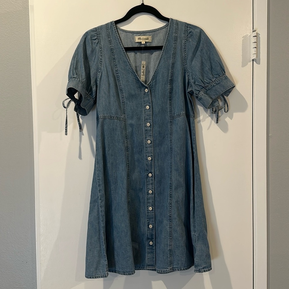 NWT madewell button down jean dress cap sleeve v neck ties around arm size 4